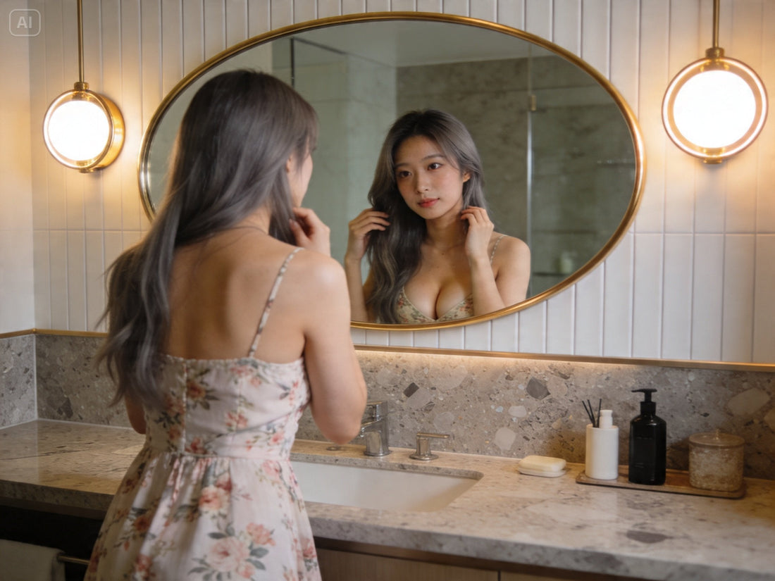 A young woman with long, ash-colored hair looks into a gold-framed oval mirror in a stylish bathroom. The scene is warmly lit by two round wall sconces
